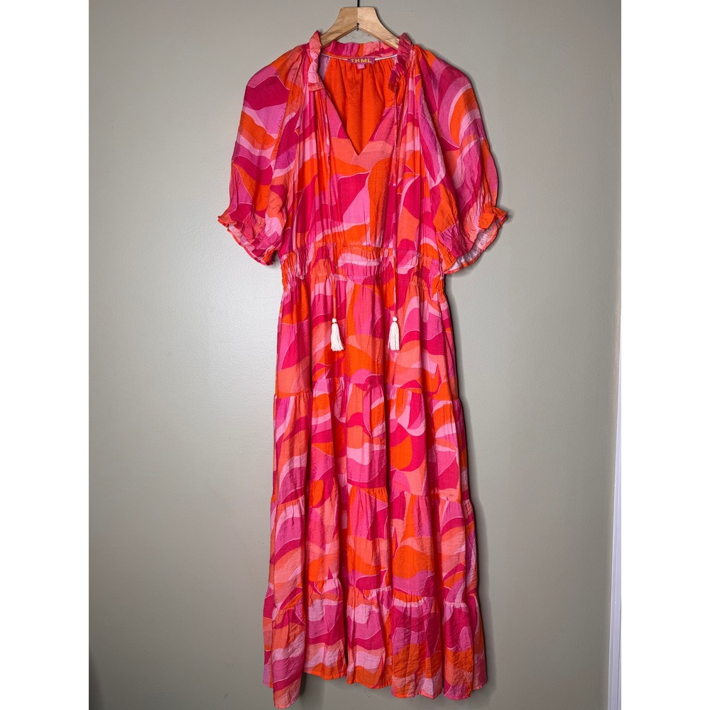 THML Pink Orange Abstract Print Tiered Maxi Dress Smocked Waist Pockets L - Picture 2 of 9